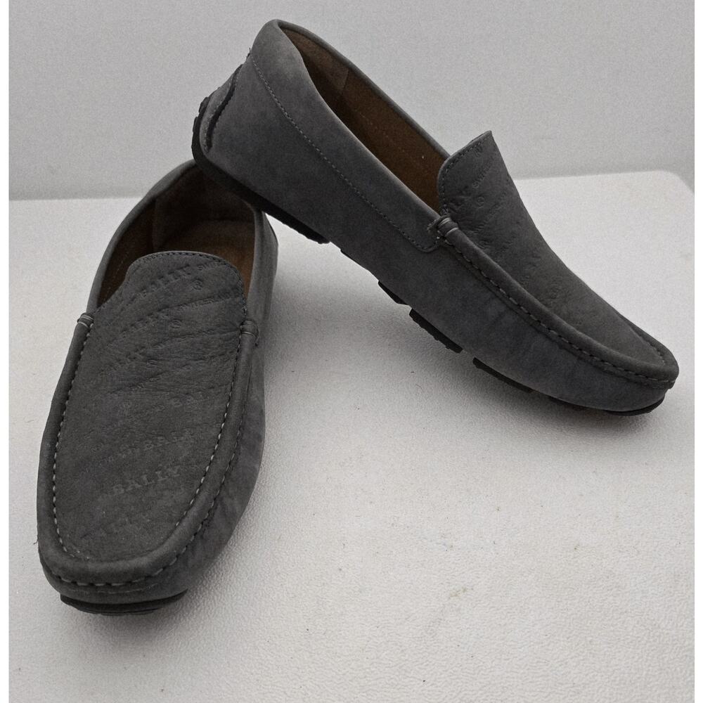 Bally PICO Mens Gray Suede Slip On Loafer Driving Moc Embossed Logo US7.5/40.5EU